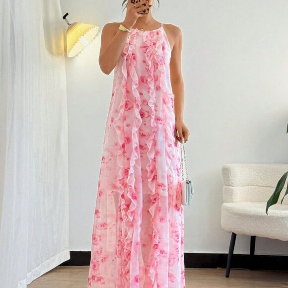 Pink Women's Elegant Ruffle Strap Floral Print Long Flowy Maxi Dress - Picture 7 of 7